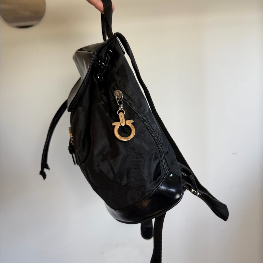Salvatore Ferragamo Black Logo Jacquard Nylon & Leather Backpack - Picture 5 of 15